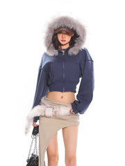 Cropped Faux Fur Hoodie Balloon Sleeves Jacket