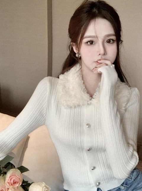 Rib Knit Fur Collar  Cardigan