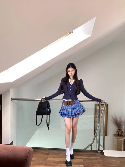 Navy Cardigan Blouse & Blue Plaid Skirt + Belt
