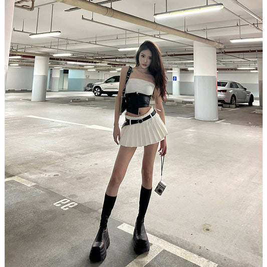 Belt Pleated Shorts Skirt