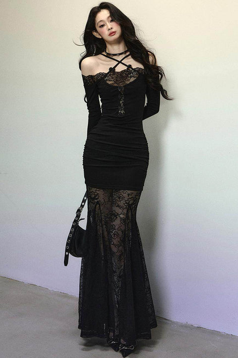 Elegant Lace Halter Long Dress - My Store