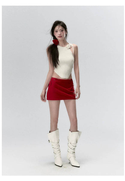 Red & Beige Rose Decor Crewneck Knitted Vest - My Store