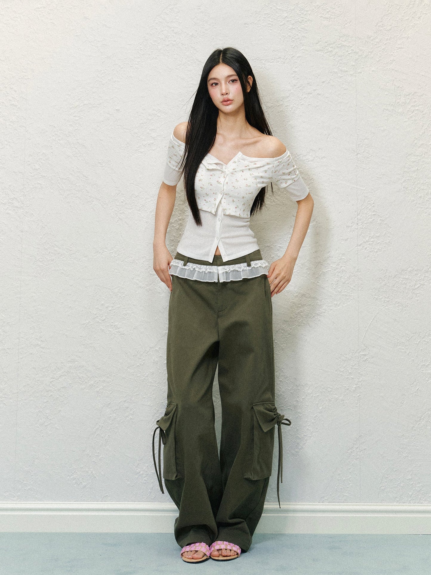 Lace Trim Pocket Bow Trouser Pants
