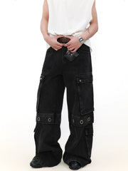 Multi Pocket Wide Leg Straight Cargo Denim Jeans