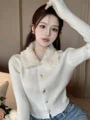 Rib Knit Fur Collar  Cardigan