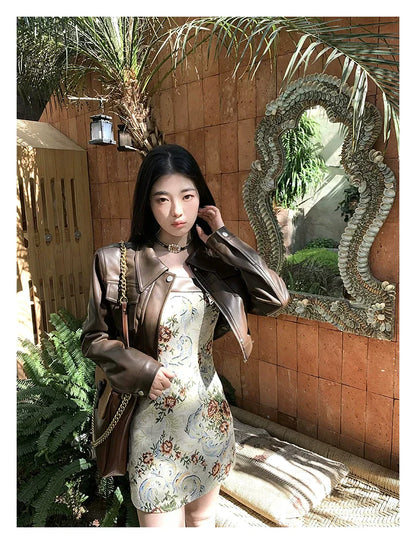 Embroidered Dress & Leather Jacket Set