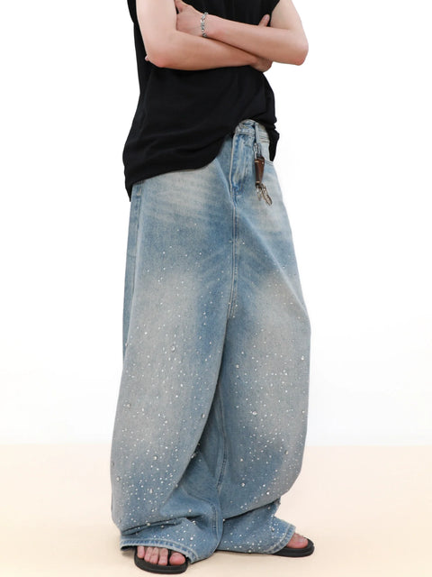 Rhinestone Wide Leg Denim Jeans