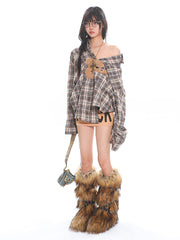 Bear Design Plaid Loose Shirt