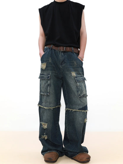 Damage Multi Pocket Straight Leg Denim Jeans