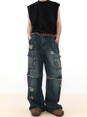 Damage Multi Pocket Straight Leg Denim Jeans