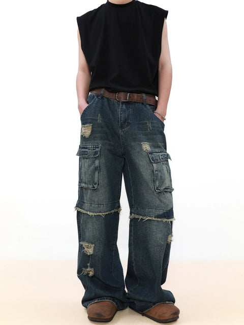 Damage Multi Pocket Straight Leg Denim Jeans