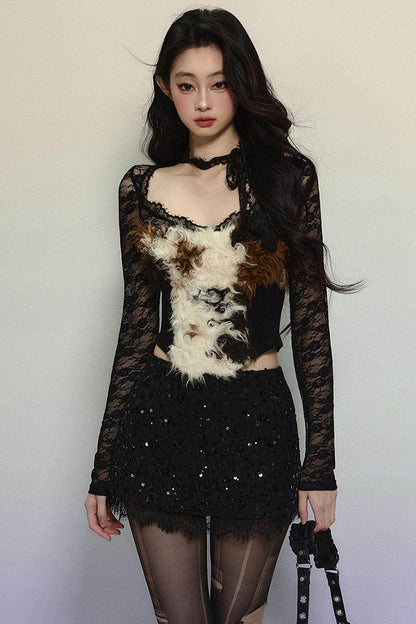 Lace Cut-Out Plush Knit Top - My Store