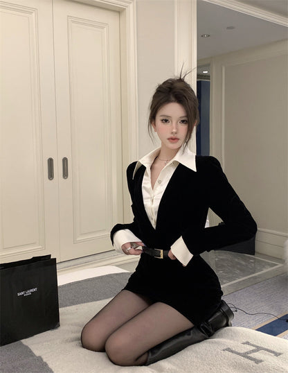 Retro Velvet Mini Dress With Belt