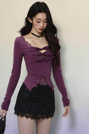 Purple Lace Embroidered Knit Top - My Store