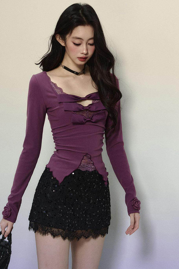 Purple Lace Embroidered Knit Top - My Store