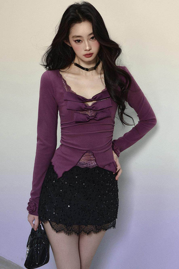 Purple Lace Embroidered Knit Top - My Store