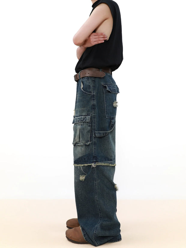 Damage Multi Pocket Straight Leg Denim Jeans