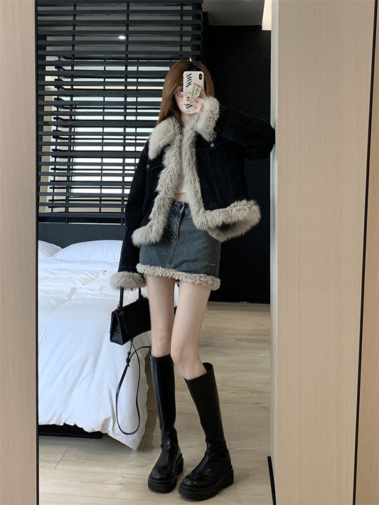 Grunge Fur Lined Denim Coat