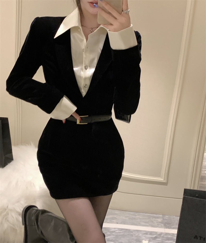 Retro Velvet Mini Dress With Belt