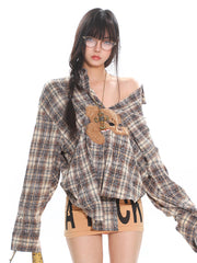 Bear Design Plaid Loose Shirt