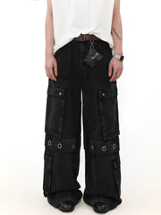 Multi Pocket Wide Leg Straight Cargo Denim Jeans