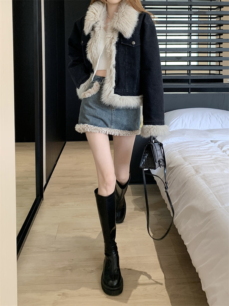 Grunge Fur Lined Denim Coat