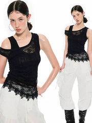 Black & White Asymmetric Lace Layered Tank Top - My Store