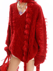 Red Scarf V-Neck Fur Sweater