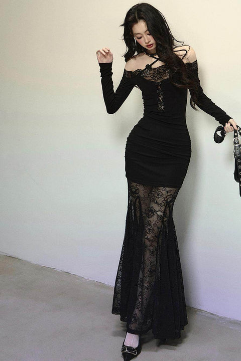 Elegant Lace Halter Long Dress - My Store