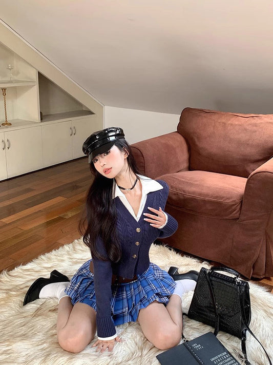 Navy Cardigan Blouse & Blue Plaid Skirt + Belt