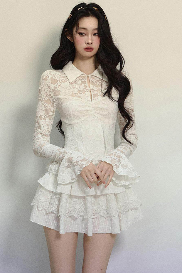 White Lace Fitted Short Dress - My Store