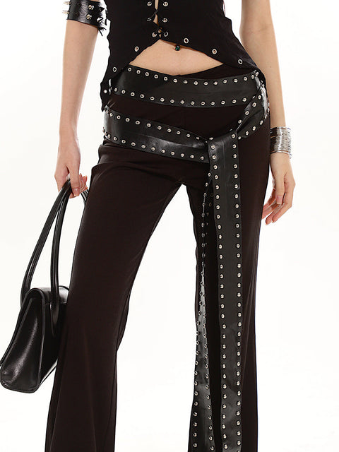 Strap Belt Set Flared Black Pants