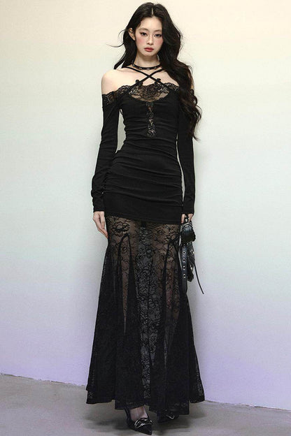 Elegant Lace Halter Long Dress - My Store