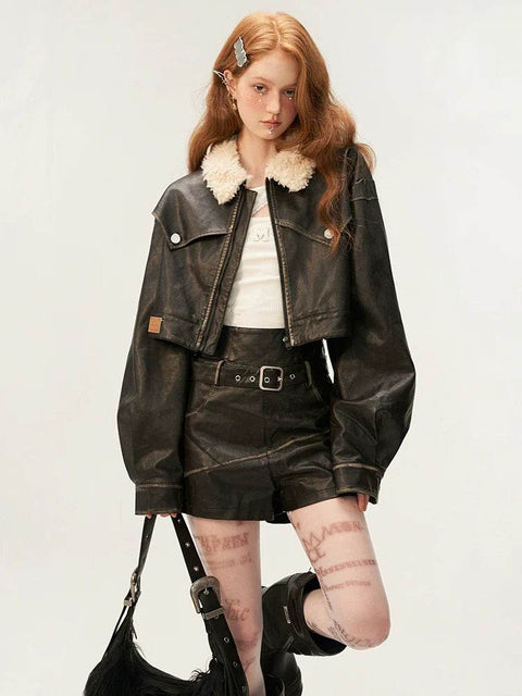 distressed spray painted zipper short jacket - My Store