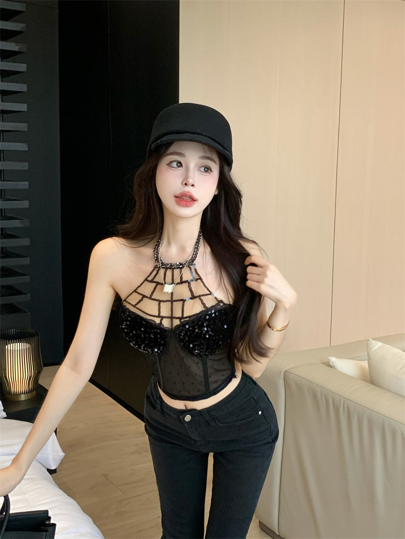 Black Mesh Sequin Top