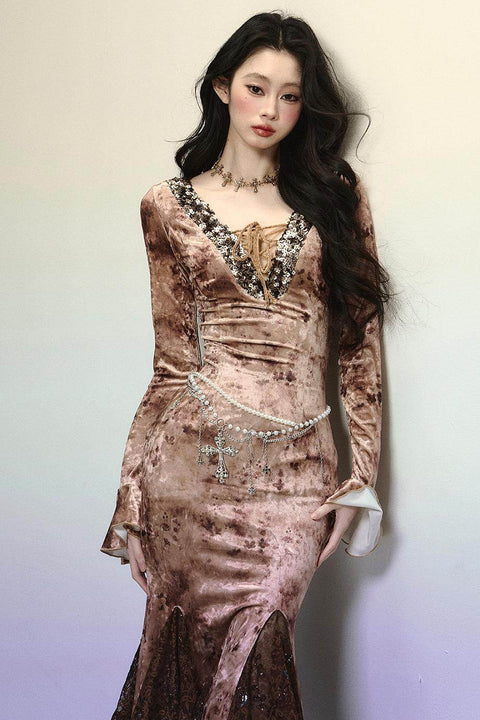 Deep V Mermaid Lace Dress - My Store