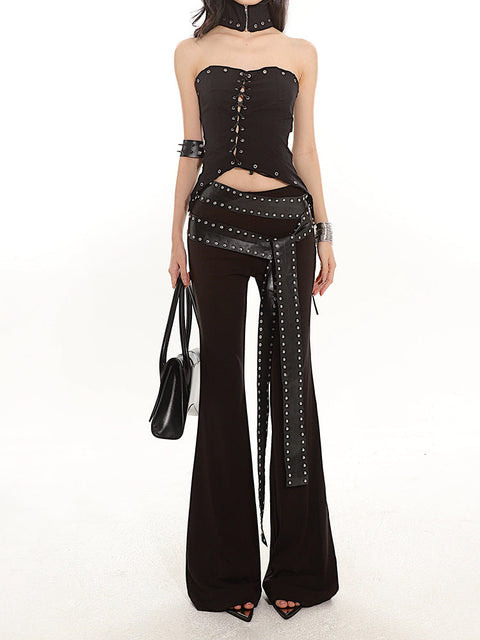 Strap Belt Set Flared Black Pants