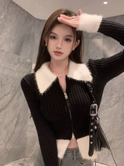 Fur Ribbed Zip-Up Knit Top