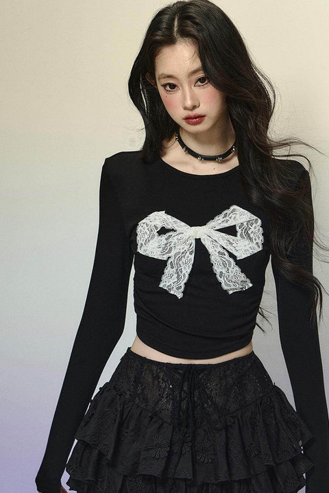 Bow Detail Lace Long Sleeve Top - My Store