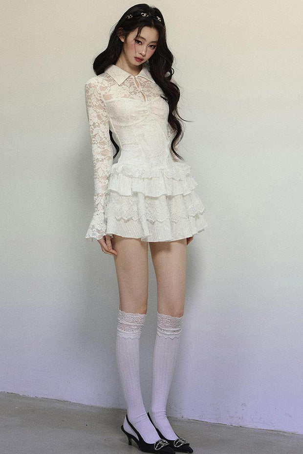 White Lace Fitted Short Dress - My Store