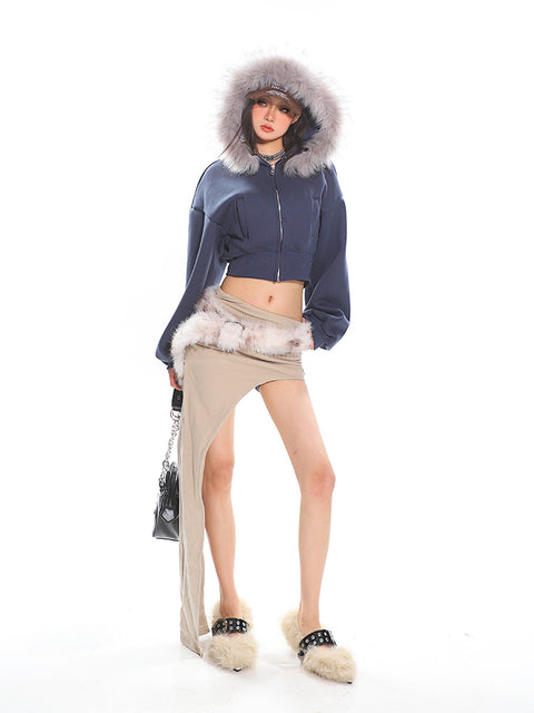 Cropped Faux Fur Hoodie Balloon Sleeves Jacket