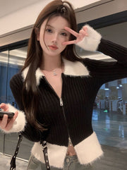 Fur Ribbed Zip-Up Knit Top