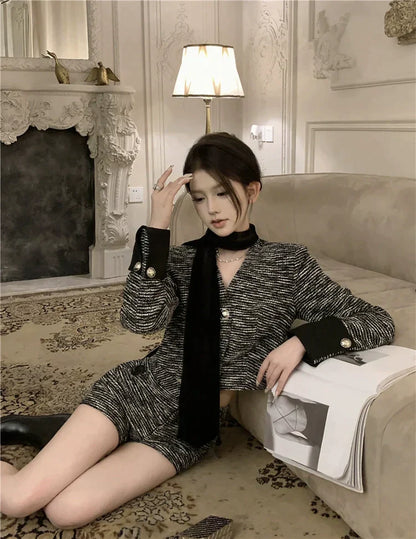 Button Tweed Jacket & Shorts Set