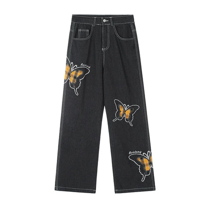 Butterfly Embroidery Straight Leg Denim Jeans