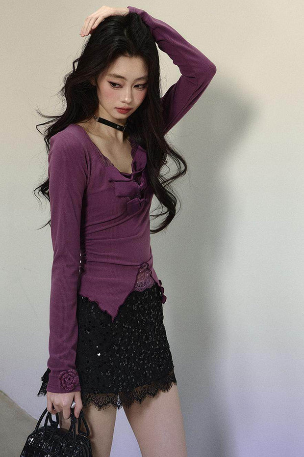 Purple Lace Embroidered Knit Top - My Store