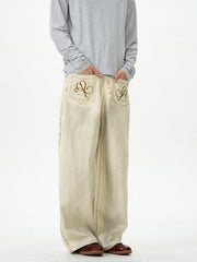 Embroidered Cream Wide Leg Pants
