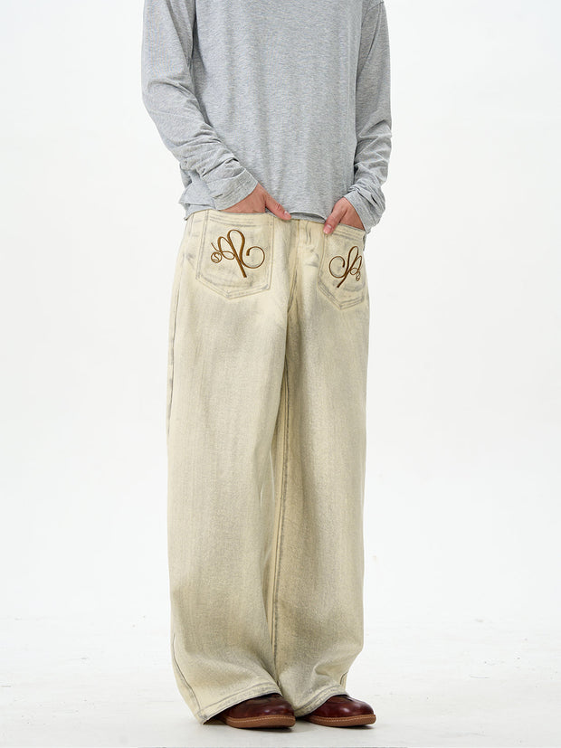 Embroidered Cream Wide Leg Pants
