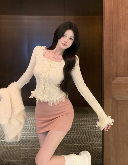 Cardigan Ruffle Top & Pink Skirt Set