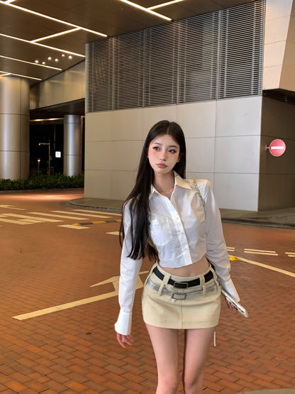 White Blouse Top & Double Belt Skirt