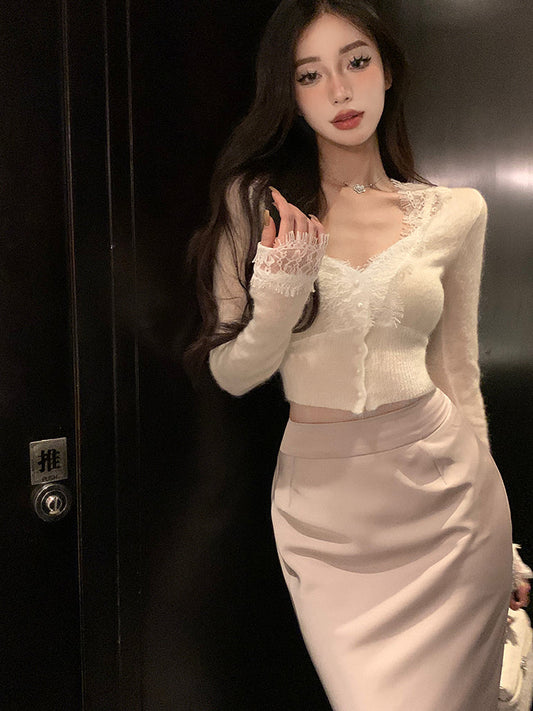 Lace Cardigan & Pink Skirt Set